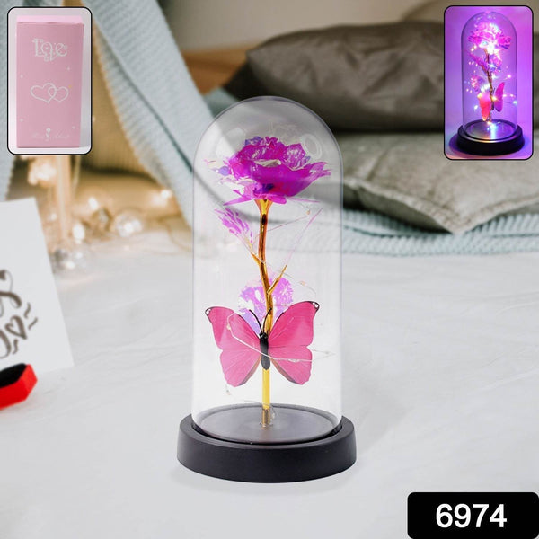 LED Decorative Rose with Butterfly in Transparent Plastic Dome (1 Pc / Battery Not Included) - dailyneed.life