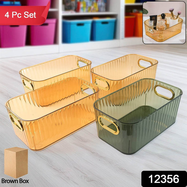 Premium Ribbed Transparent Storage Basket with Gold Handle – Multipurpose Kitchen &amp; Home Organizer Box (25x14cm / 4 Pc) - dailyneed.life