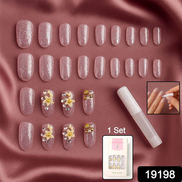 Premium Glitter 3D Floral Press-On Artificial Nail Tips with Nail Glue (1 Set) - dailyneed.life