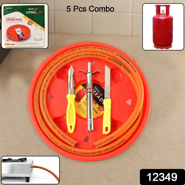 Mishra's 5-Piece Multipurpose LPG Kitchen Combo Set with Gas Pipe, Cylinder Trolley, Knife, Lighter & Peeler - dailyneed.life