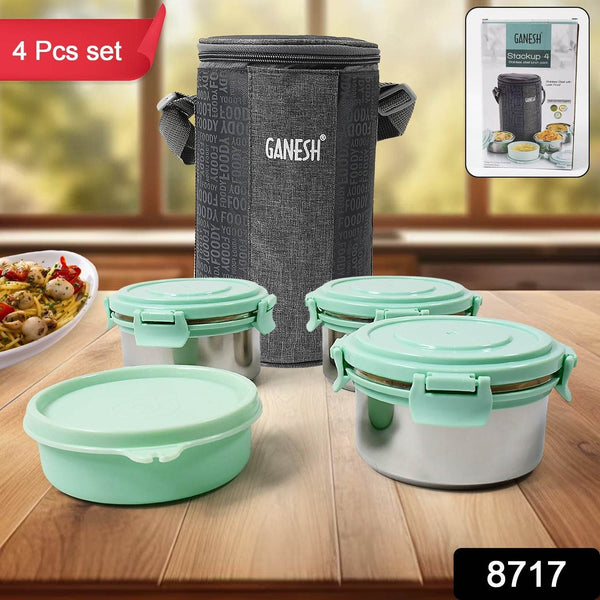 Ganesh 4In1 Tiffin Box-Lunch Box | 3 Stainless Steel Containers 300 Ml Approx & Plastic Salad Container 200 Ml Approx| Plastic lid Box | Round Zip Bag | Leak Proof | Microwave Safe for Office, College and School for Men, Women  - dailyneed.life