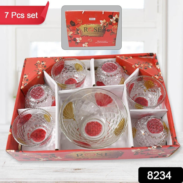 Rose glass Multipurpose Pudding / Dessert / Ice Cream Bowl Set for Home use, Home & Kitchen Serving Bowl for Sundae, Sweets, Snacks, Fruit, Pudding, Nuts or Dip, Serving Bowls 6 Medium & 1 Big Bowl (Set of 7 pc) - dailyneed.life