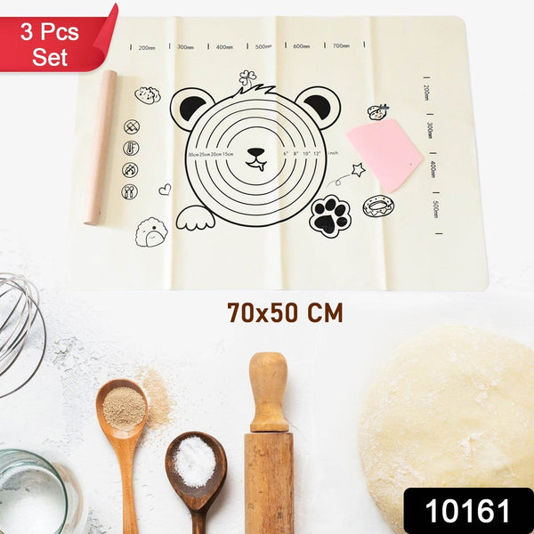 3 In 1 Low Silicone Baking Mat With Wooden Belan & Cake Scraper (3 Pcs Set / 70×50 CM) - dailyneed.life