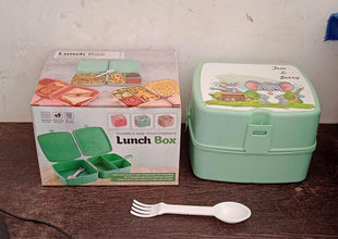 Double-Layer Square Lunch Box with Spoon , 4 Compartment Tiffin & Push Lock , Plastic Tiffin Box for Travelling, School Kids & Office Exclusive, Home - dailyneed.life