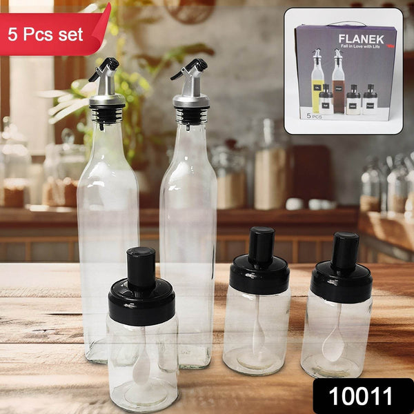 Transparent Glass Oil Dispenser 500 ML Bottle Set of 2, Spice Jar 250 ML Set of 3, Oil Bottle for Kitchen, Oil & Vinegar Storage Glass Bottle, Glass Container for Spice, Masala (5 Pcs Set) - dailyneed.life