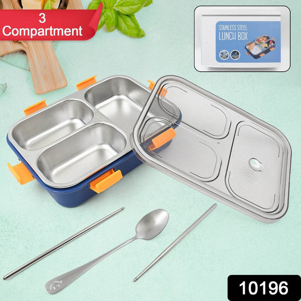 3 Compartment Transparent Stainless Steel Lunch Box with a Spoon and a Pair of Chopsticks (1 Set) - dailyneed.life