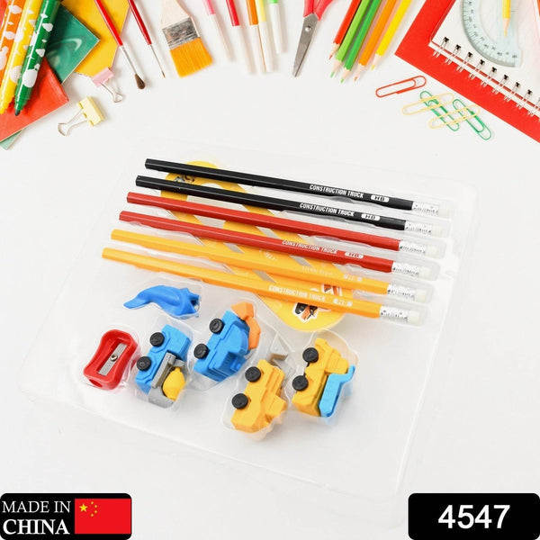 Pencil and Eraser Set, Construction Truck Theme Stationery Kit Includes 6 Pencils, 4 Erasers, 1 Sharpener, 1 Ruler Bookmark, 1 Pencil Cap Stationary For Birthday Gifts for Kids, Birthday Return Gifts (13 Pc set) - dailyneed.life