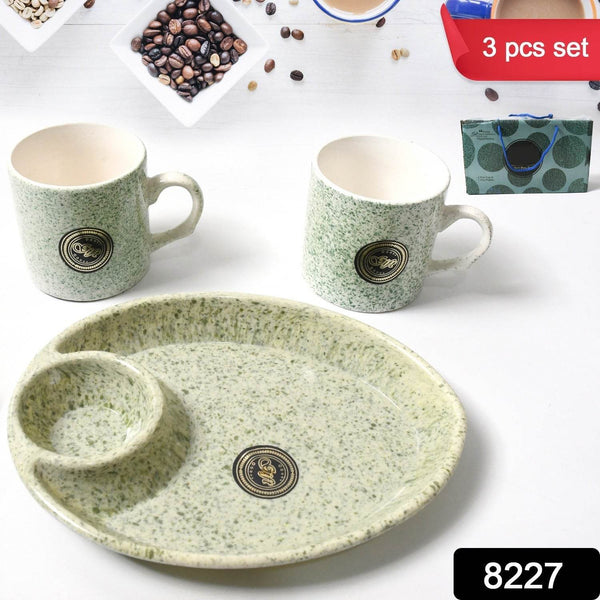 Ceramic Tea/Coffee Cup Set - Alpino 3-Piece with 2-Compartment Serving Platter (BPA-Free) - dailyneed.life
