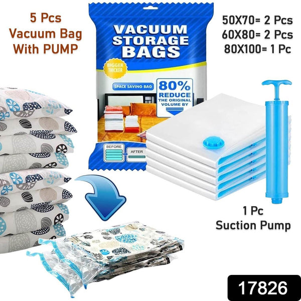 Vacuum Storage Bags with Suction Pump & Shirt clips - Vacuum Bags - Big Capacity Vacuum Seal Bags for Travel Clothes Blankets Pillows, Compression Bags | Space Saver Vacuum Storage Bags (5 Pcs Set) - dailyneed.life