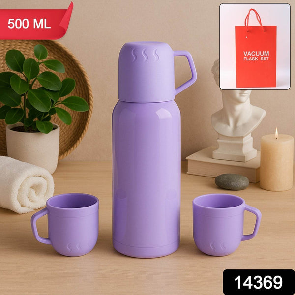 Purple Vacuum Flask Set – Stainless Steel Thermos with 3 Cups, Approx 500ml - dailyneed.life