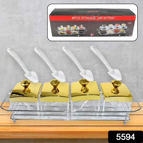 Storage Jar Set One Set with 4 Jars with Lids, Tray & 4 Spoon for Coffee, Tea, Sugar for Storage jar With Tray for Home Kitchen - dailyneed.life