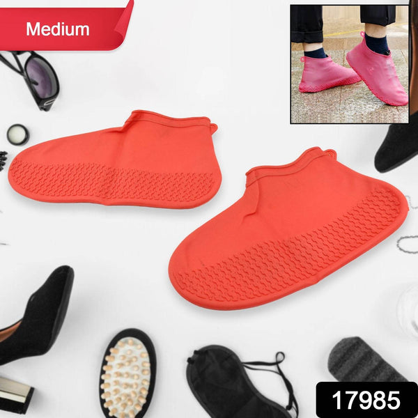 Non-Slip Silicone Rain Reusable Anti skid Waterproof Fordable Boot Shoe Cover (Medium Size / 1 Pair / Red) - dailyneed.life