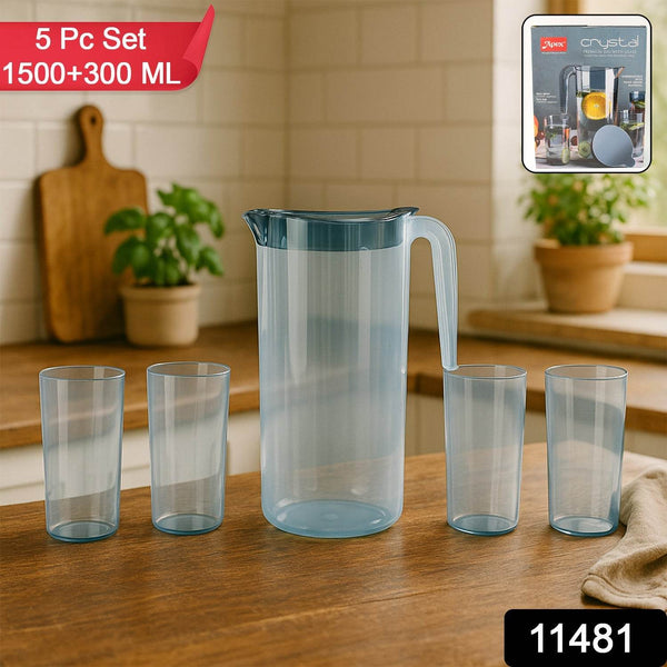 Apex Crystal Premium Jug with Lid & 4 Pcs Glass (1500 ML / 300 ML Approx / 5 Pcs Set) - dailyneed.life