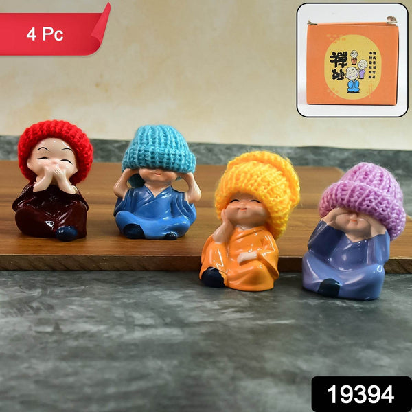 Decorative Resin Monk Buddha Showpiece Set of 4 with Traditional Straw Hats - dailyneed.life