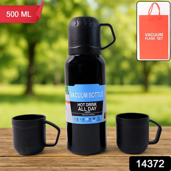 Black Vacuum Flask Set – Stainless Steel Thermos with 3 Cups, Approx 500ml - dailyneed.life
